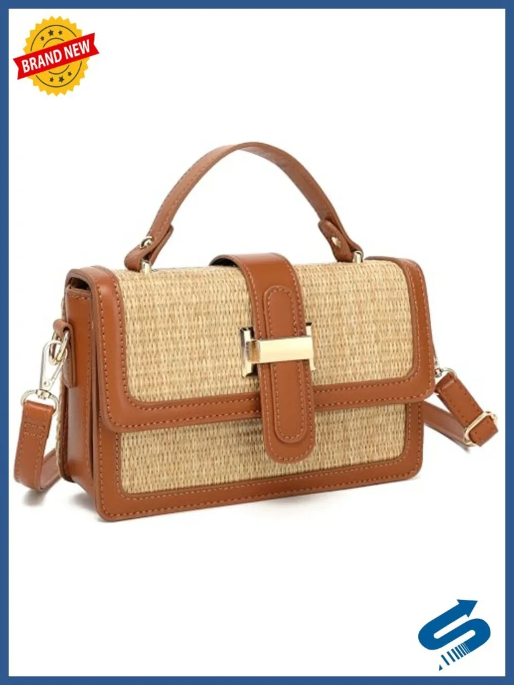 Woven Straw Crossbody Bag with Top Handle - Boho Beach Purse